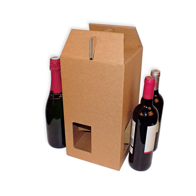 Muestras de caja para 4 botellas con asa y ventanas 