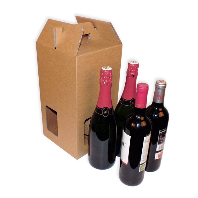 Muestras de caja para 4 botellas con asa y ventanas 