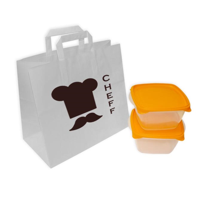 Bolsas de Papel  32 + 17 x 29 cm.  Asa Plana TAKE AWAY